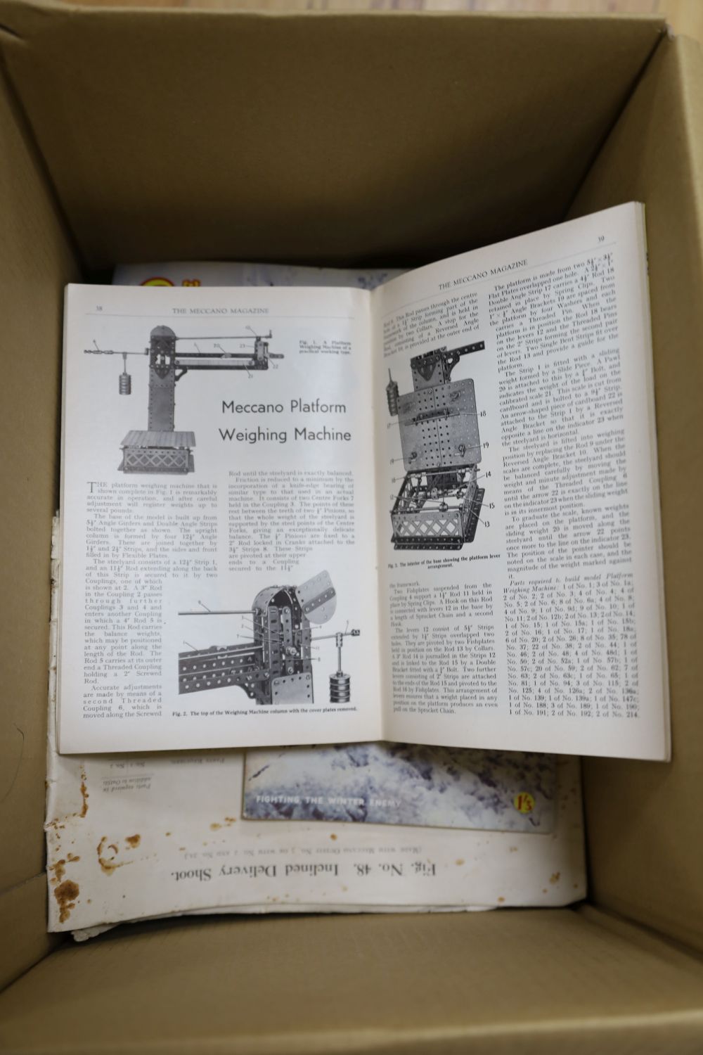 A quantity of early Meccano, Meccano magazines circa 1950/60 and nine volumes, Trains of the World